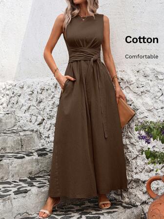 SHEIN Clasi Robe portefeuille sans manches de couleur unie simple pour femmes, port décontracté quotidien