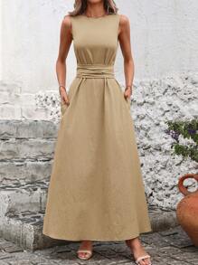 SHEIN Clasi Vestido simple y casual con cuello redondo, sin mangas, bolsillo y superposición de unicolor para mujer
