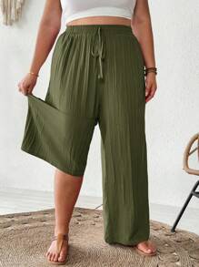 SHEIN CURVE+ Plus Size Summer Women Casual Beach Wear Fashion Office Lady Elegant Wide Leg Pants, Pocket Pants, Beach Holiday