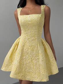 Aloruh Women's Summer Elegant Jacquard Mid-Length Dress,Graduation Dresses,Butter Yellow Dress