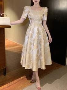 DAZY Floral Print Square Neck Puff Sleeve Midi Dress For Women Prom Dress Elegant Women Dresses - Apricot - View 1