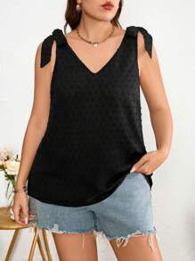 SHEIN Holidaya Plus Size Women's Jacquard Splice White Floral Lace Regular Spring/Summer Vacation Off-Shoulder Tie Bow Black Blouse