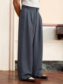 SWAVVY Pantalones casuales rectos de hombre con ajuste holgado y rayas en color azul-gris pálido, para atuendos de verano, uso escolar