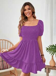 Breezaya Square Neck Shirred Ruffle Hem Dress Vacation Beach Outfits Women - Purple - View 5