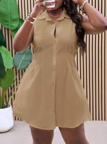 Slaydiva Plus Size Women's Elegant Office/Casual White Sleeveless Cinched Waist Shirt Dress, Spring/Summer,Sun Dresses For Women
