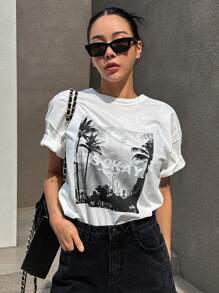 DAZY 熱帶印花和字母圖案落肩T恤 - 白色 - 查看 3