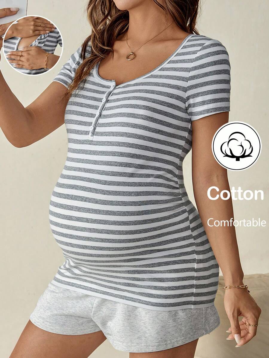 SHEIN Comfortable Cotton Blend Striped Nursing Dress With Discreet Breastfeeding Access And Notched Neckline For Easy Nursing