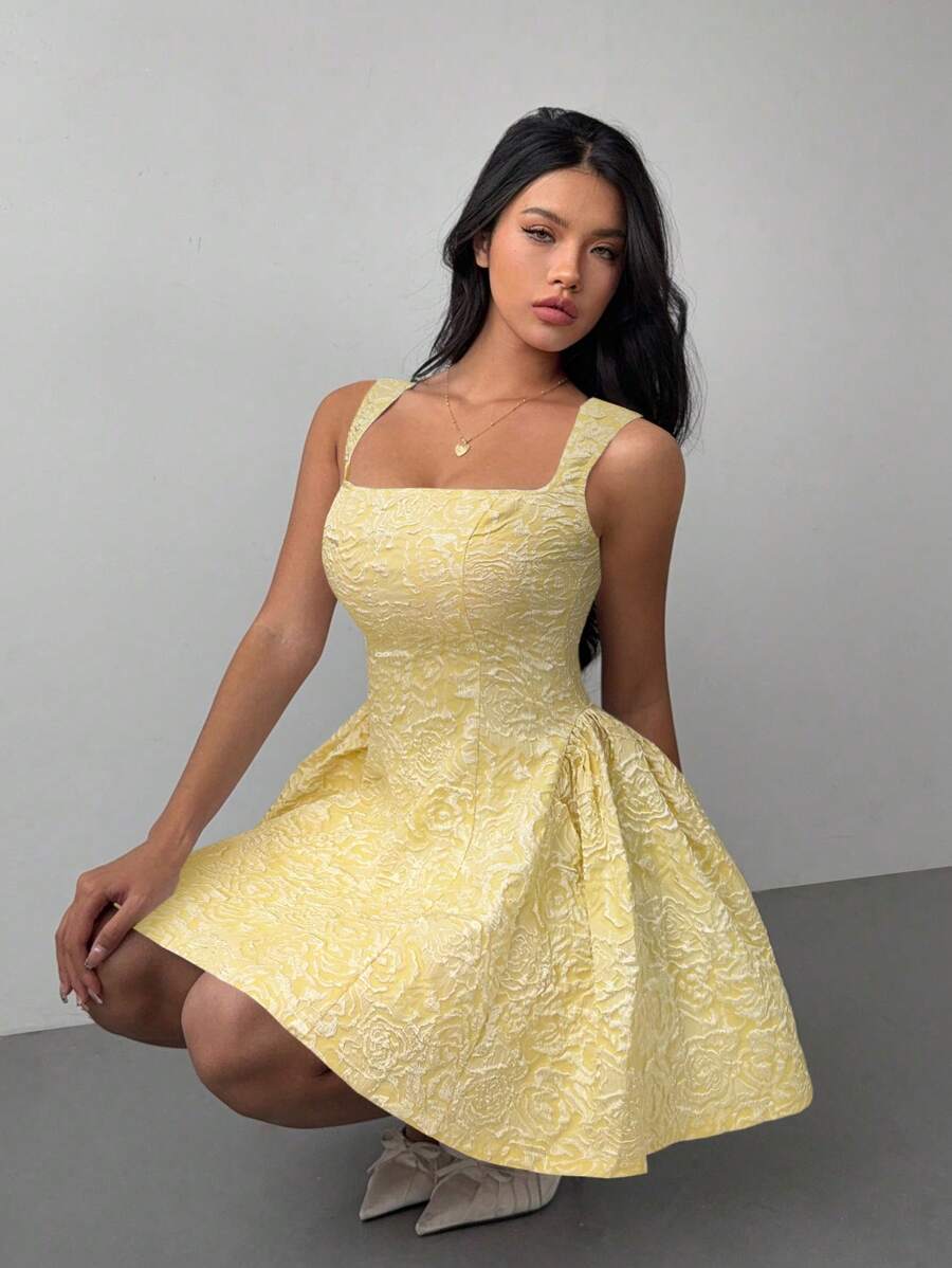 Aloruh Women's Summer Elegant Jacquard Mid-Length Dress,Graduation Dresses,Butter Yellow Dress