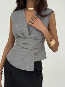 Aloruh Elegant Solid Color Minimalist V-Neck Cross Waist Pleated Asymmetric Hem Puff Sleeve Blouse, Versatile Grey Shirt
