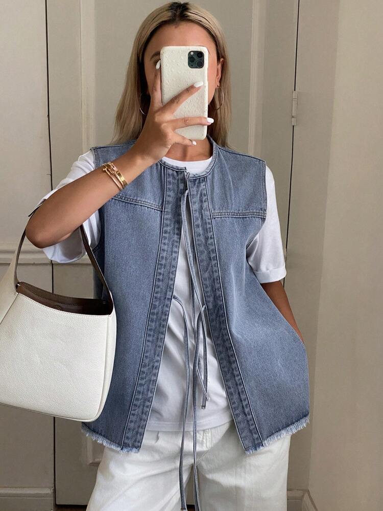 Women's Bow Decor Drawstring Loose Denim Vest, Casual Denim Jacket