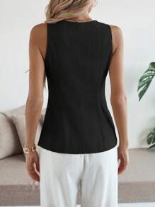 SHEIN Clasi Women's Spring/Summer French Style Elegant Office/Casual/Holiday Comfortable Linen V-Neck Metal Button Front Vest Shirt - Black - View 2