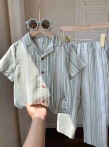 SHEIN 2pcs Boys Casual Comfortable Versatile Striped Short Sleeve Shirt And Straight Leg Pants Set, Suitable For Spring & Summer - Multicolor - View 2