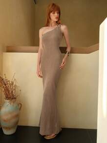 SHEIN LUNE Damen Neu Elegant Hochwertig Design Elastisch Rippstrick Bodycon asymmetrischer Ausschnitt Einschulter Maxikleid