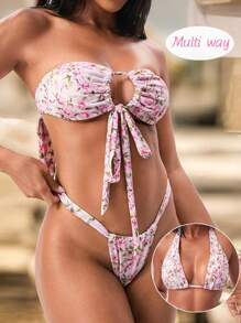 SHEIN Bikini sexy da donna per vacanza, costume da bagno a due pezzi con stampa floreale ditsy francese multifunzione, stile halter e bandeau, stile europeo e americano