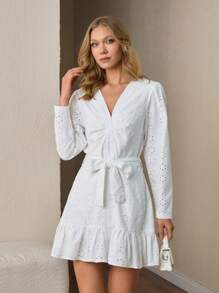 CLARA VERO Women Short Lace Embroidery Belted Dress - White - View 4