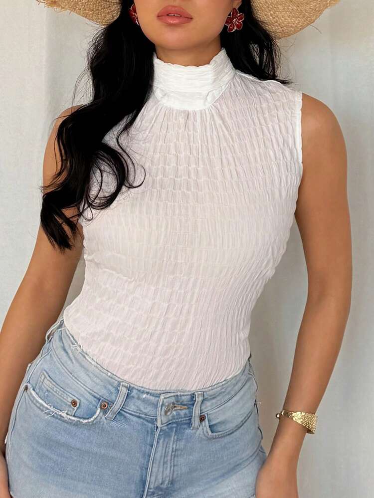 Women White Sleeveless Tie-Neck Fitted Tank Top, Textured Fabric, Spring/Summer