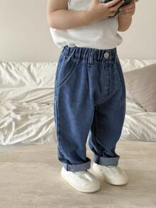 SHEIN Baby Boys'Casual Soft Cute Blue Denim Loose Wide Leg Ruffle Hem Tapered Jeans,For Baby Spring/Summer Indoor/Outdoor Wear Clothes And Daily Wear Outfits