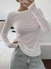 DAZY 1 件女式褶皱荷叶边修身长袖休闲夏季上衣 T 恤 - 白色 - 查看 7