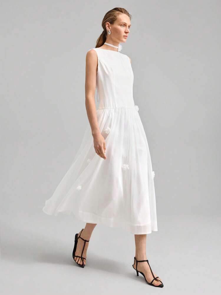 Women's Summer Sleeveless White Mid-Length Dress, Flower Decoration Dress, Fashionable And Suitable For Office Elegant Teacher Commuting Wear