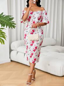 SHEIN Clasi Elegant Floral Print Off Shoulder Bodycon Dress For Summer - Multicolor - View 1