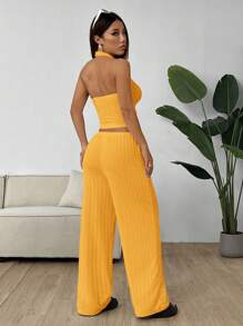 SHEIN EZwear 黄色针织女式褶饰休闲两件套 - 黃色 - 查看 2