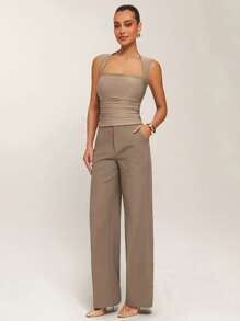 Silquee 女士经典直筒纯色抗皱斜口袋长裤，适合春夏季、日常通勤、职业、休闲约会、办公室穿着、商务休闲 - 駝色 - 查看 3