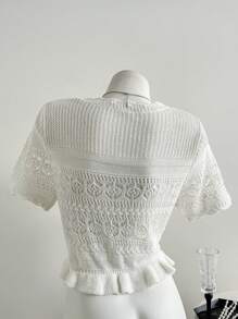 Chiquease Women's Graceful Hollow Out Short Sleeve Ruffled Cardigans, Lightweight Thin Open Front Top, Spring/Summer - White - View 2