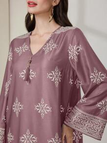 Al Najma 女式花卉印花V领长袖宽松阿拉伯风格长裙