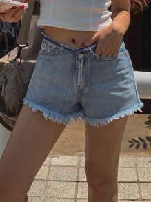 DAZY Women Casual Frayed Hem Low Waist Denim Shorts With Pockets Y2k - Blue - View 3