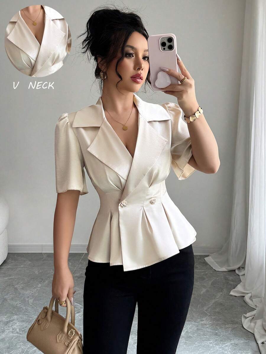 Elenzga Women Solid Color Lapel Neck Puff Sleeve Elegant Blouse - Apricot - View 1