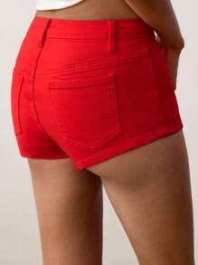 Maija Women Red Denim Shorts Low-Rise Mini Shorts Retro Western Cowboy - Red - View 7