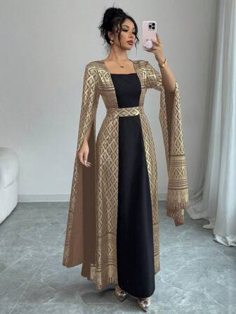 Rafferiza 时尚简约方领泡泡袖烫金印花长裙，春夏