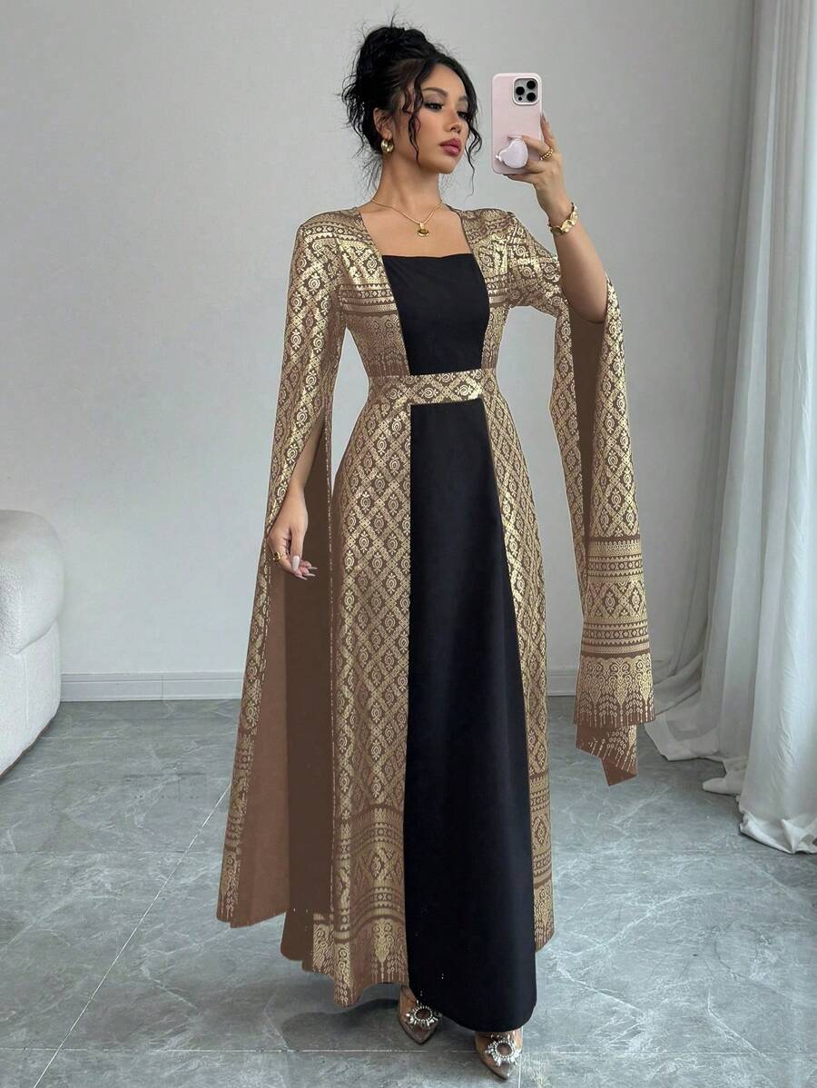 Rafferiza 时尚简约方领泡泡袖烫金印花长裙，春夏 - 棕色 - 查看 1