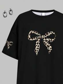 SHEIN Leap Crew 2pcs Teen Girl Casual Chic Leopard Bow Print Short Sleeve Loose T-Shirt And Leggings Set, Suitable For Summer