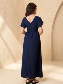 SHEIN V-Neck Ruffle Sleeve Cinched Waist Dress, Elegant Minimalist Wedding Guest Formal Gown