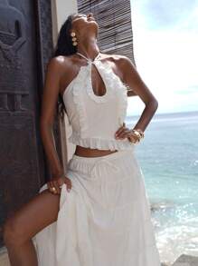 Opulessa Solid Color Woven Neck-Tie Ruffled Trim Women's Tank Top,Going Out, Wedding Clothes, Business Casual Woman Style,Concert, Party, Club Outfits, Fall Women Clothes ,Chic Top, White Top - White - View 1