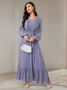 Veilorie Vestido elegante de estilo árabe para mujer con cuello en V, mangas farol y pliegues en color liso
