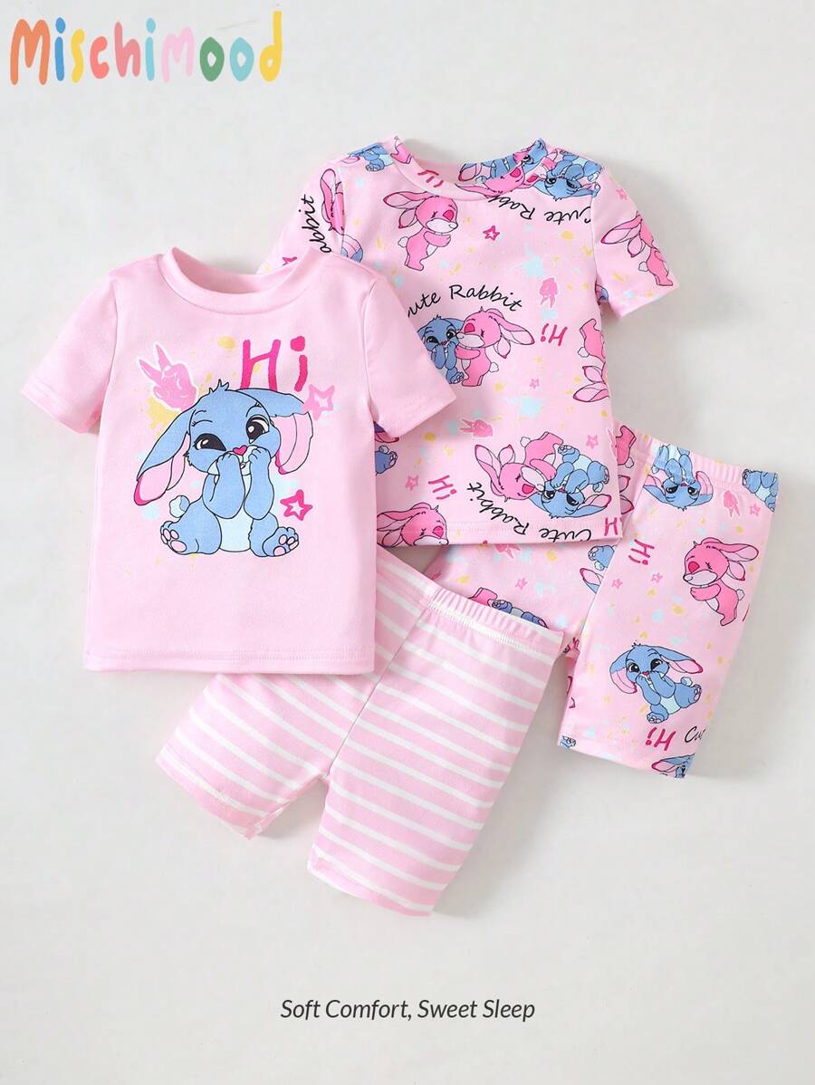 4pcs/Set Infant Baby Girls Striped & Multicolor Cartoon Teddy Design Soft Stretchy Short Sleeve Romper & Shorts Pajamas Set, Summer Mother Day Gift Graduation Gift Summer Clothes Snug Fit Tight Fit Pajamas
