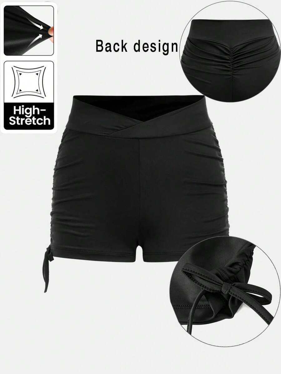 Tween Girl Summer Casual Crossover Waist Fitted Side Ruched Bow Biker Shorts, Mommy And Me Matching - Black - View 1