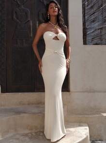 Opulessa Women's Boho Maxi Dress, Apricot Knitted Strapless Semi-Sheer Dress With Seashell Ring Detail, Sleeveless Beach Dress,Sexy Elegant Party,Graduation,Prom,Luxury Evening,Autumn Winter Clothes For Women,  Christmas Outfit For Women, National Day,  New Year Clothes,  Going Out Outfit, Wedding Guest