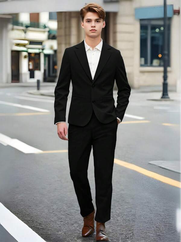 SHEIN Teen Boys' Party Minimalist Gentleman Suit Jacket & Pants Set, Plain Color Simple Casual Collegiate Style, Comfortable, Fashionable, Versatile, Cute, Soft, Suitable For Daily Wear, School, Outings, Sports, Valentine's Day, Gatherings, Parties,In Fall/Winter
