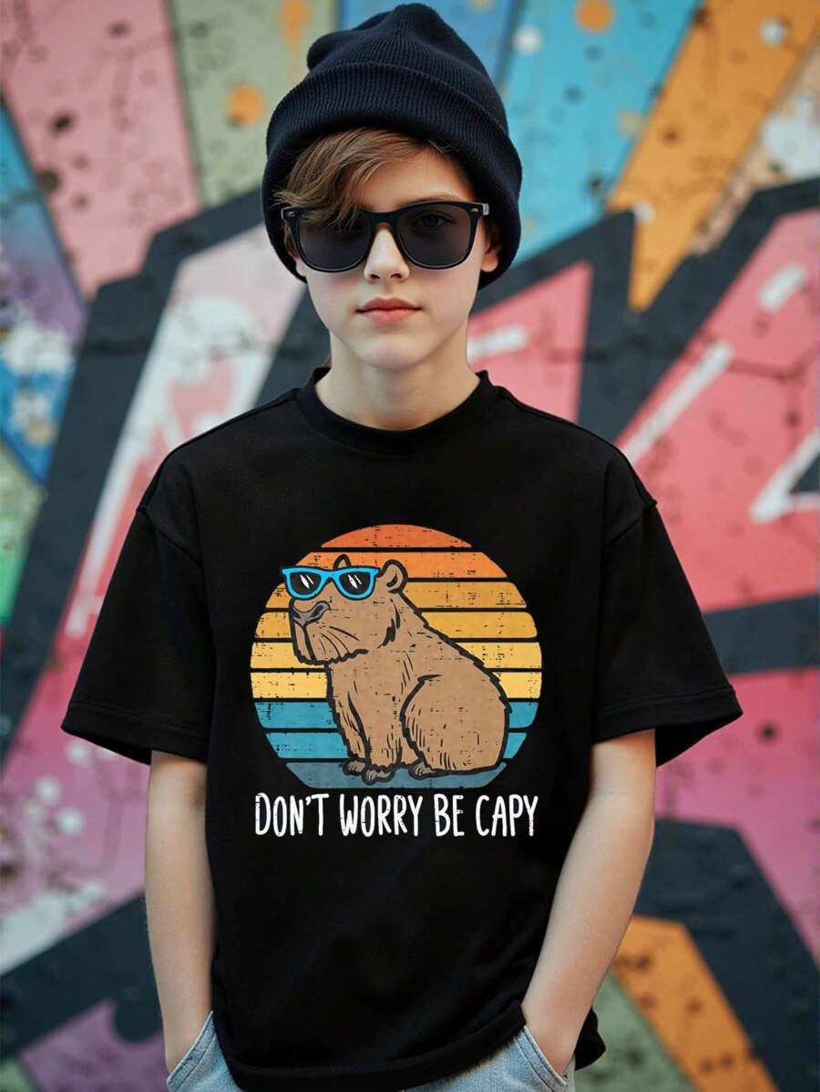 SHEIN Explorewe Áo thun tay ngắn in họa tiết động vật hoạt hình dễ thương, giản dị, phong cách dành cho bé trai tuổi teen - màu đen - Xem 1