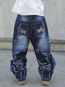 Manfinity EMRG Men's Casual Blue Loose Fit Distressed Pockets Wide Leg Jeans Baggy Jeans Men Design