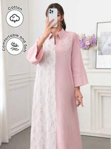 SHEIN Najma Collar Embroidery Applique Contrast Color Floral Patchwork Dress, Modest