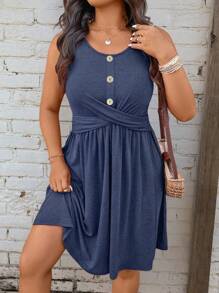 SHEIN LUNE Plus Size Women Casual Sleeveless Twist Design Midi Dress