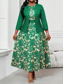 SHEIN Lady  2pcs Plus Size Women's Business Abstract Wavy Print Simple Round Neck Belted Holiday Midi Dress Set Going Out Outfits Two Pieces Outfits,Summer Outfits For Women - Green - View 1