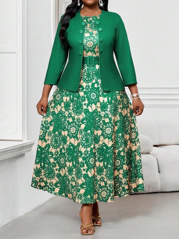 SHEIN Lady  2pcs Plus Size Women's Business Abstract Wavy Print Simple Round Neck Belted Holiday Midi Dress Set Going Out Outfits Two Pieces Outfits,Summer Outfits For Women