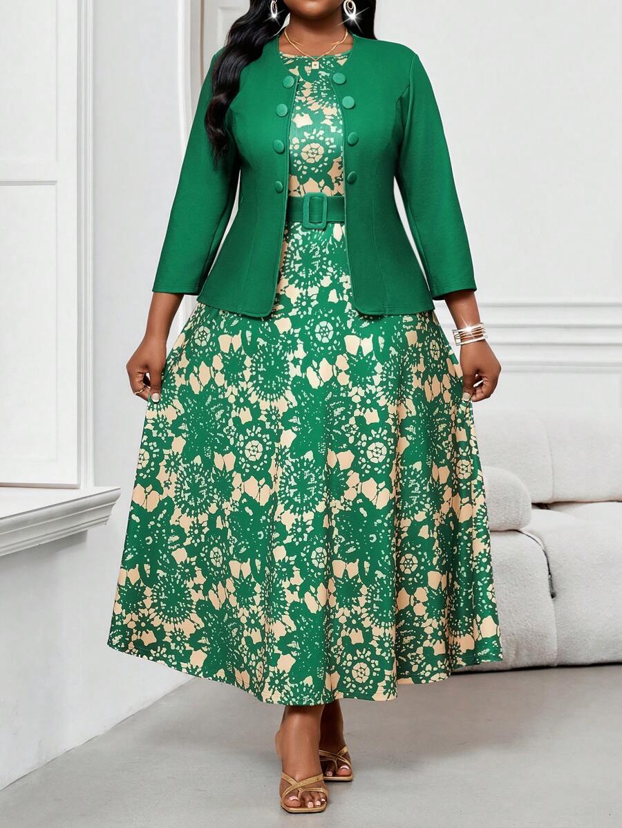SHEIN Lady  2pcs Plus Size Women's Business Abstract Wavy Print Simple Round Neck Belted Holiday Midi Dress Set Going Out Outfits Two Pieces Outfits,Summer Outfits For Women - Green - View 1