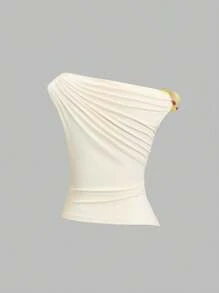 Sweetra Spring/Summer Women Asymmetrical Neck Yellow Tee With 3D Floral Decor, Fitted & Cropped Design - Yellow - View 2