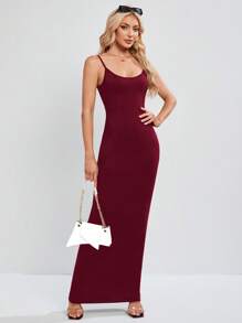 SHEIN Tall Women's Elegant Burgundy Maxi Dress: Sleeveless, Spaghetti Strap, Backless Knitted Pencil Dress For Special Occasions - Burgundy - View 6